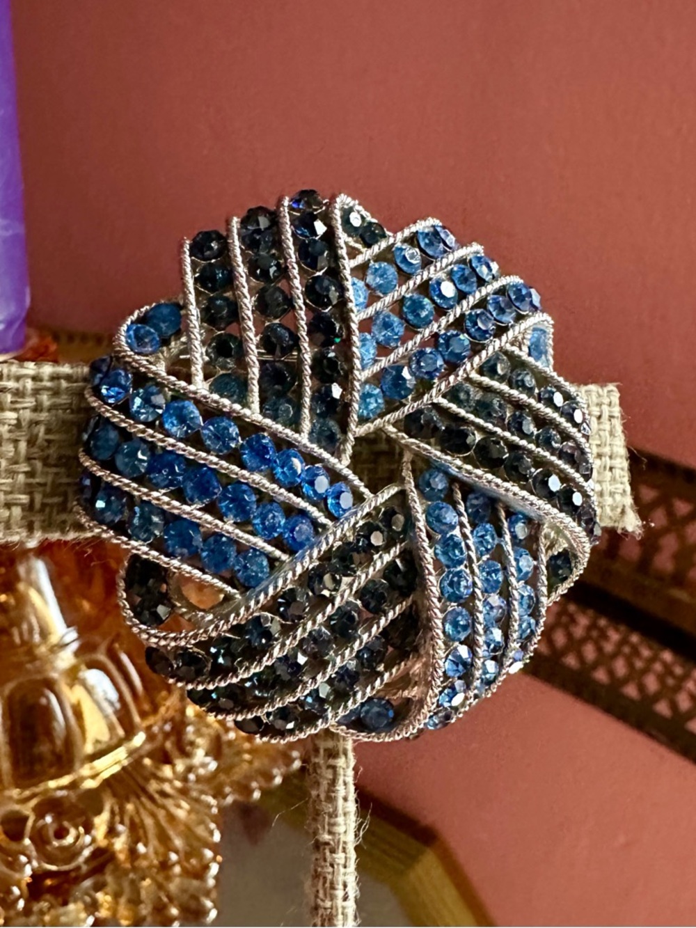 1963 Crown Trifari "Cavelcade" Blue Rhinestone Knot Brooch